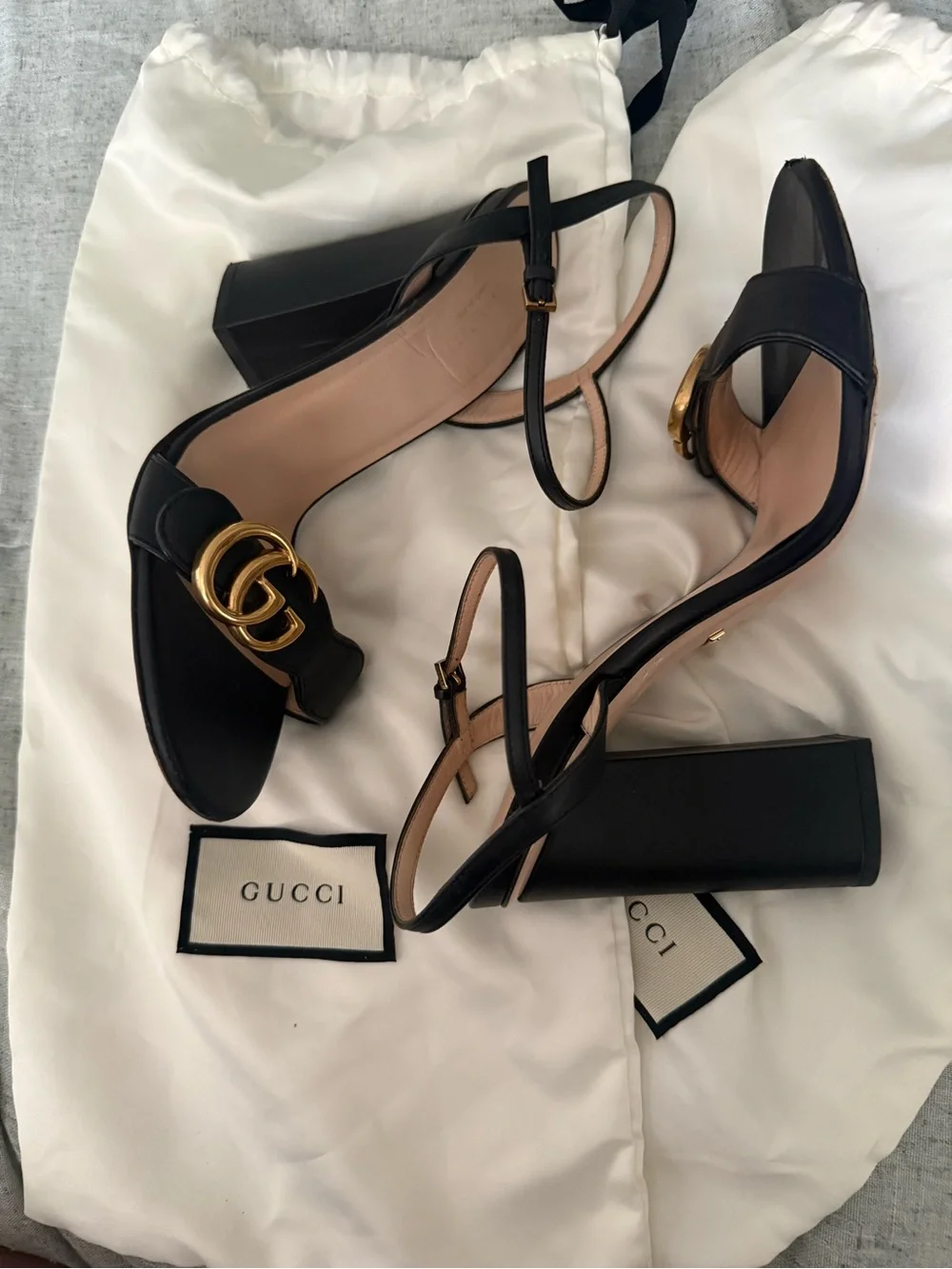 Gucci Black Leather Block Heel Sandals with Gold GG Hardware